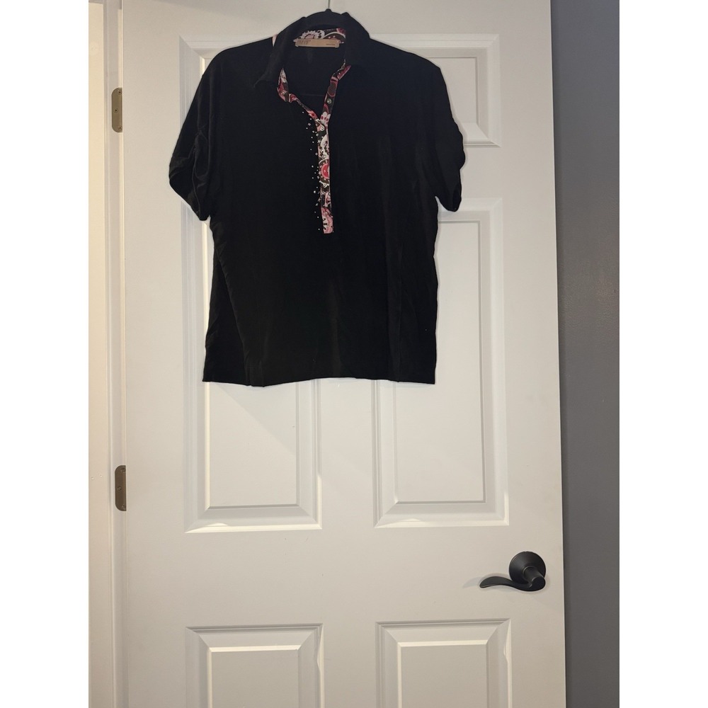 MYF Short Sleeve Vintage Polo Top Xl Black W Contrasting Placket/collar Beaded